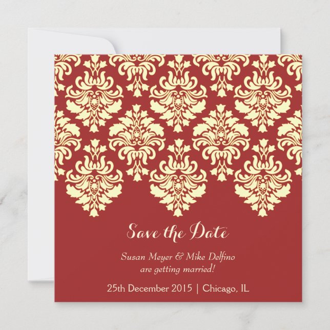Save the date wedding invite card red damask (Front)