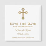 Save The Date Wedding Magnet : Religious Cross<br><div class="desc">Christian Cross personalised Save the Date wedding magnet in white with gold lettering.  Text is fully customisable.  Background colour can be changed.  Designed by Heard_.</div>