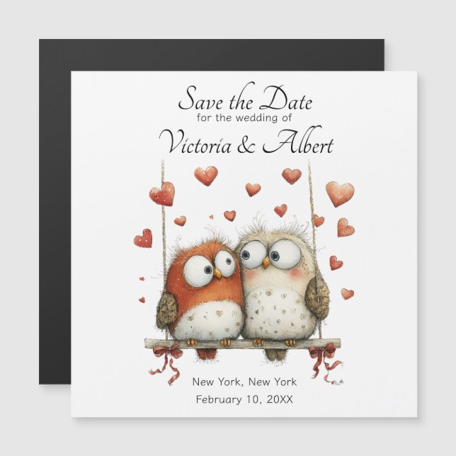 Save the Date Wedding Magnet Whimsical Owl Couple  (Front/Back)