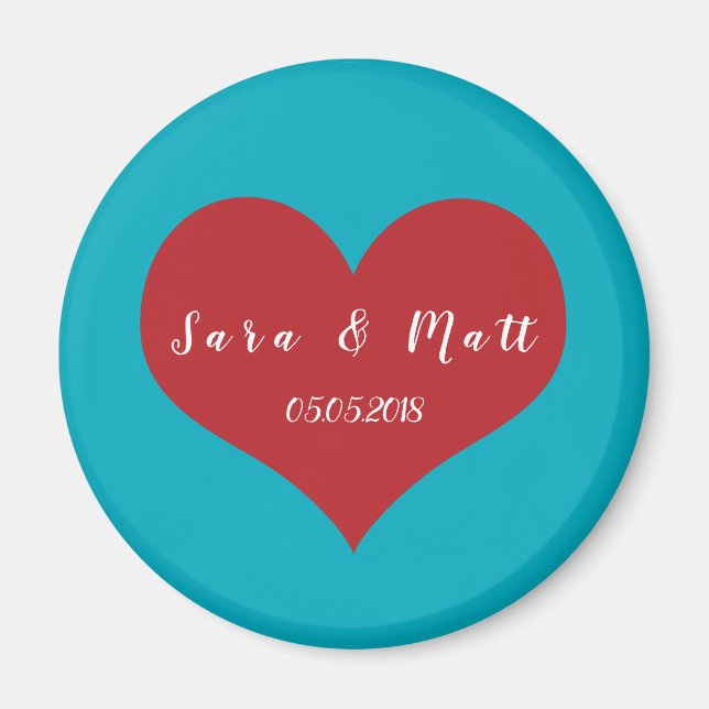 Save the date wedding magnets | blue + red heart (Front)
