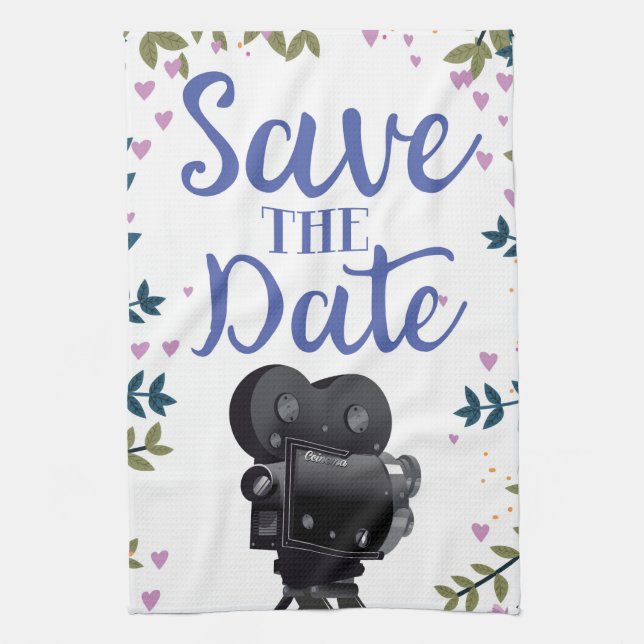 Save The Date Wedding Movie Camera Tea Towel (Vertical)