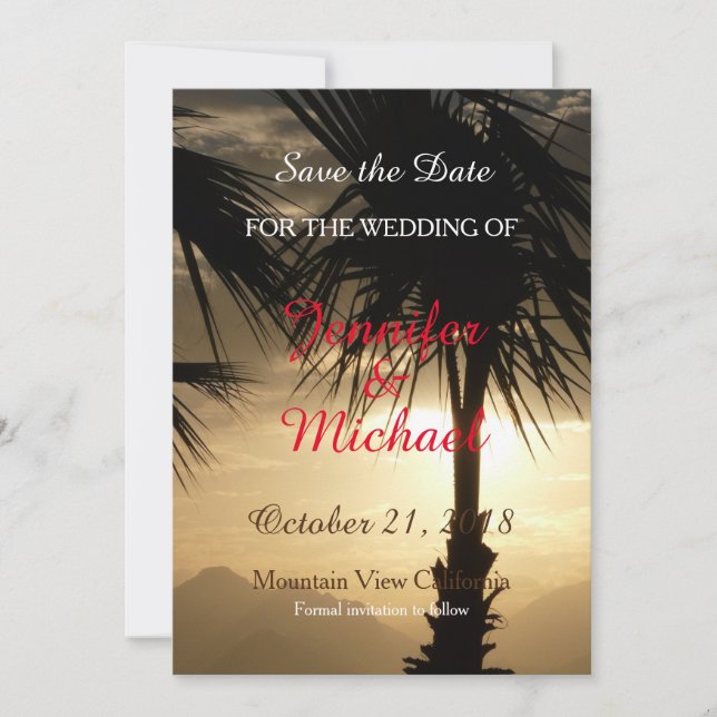 Save the Date Wedding Palm Tree Sunset Beach (Front)