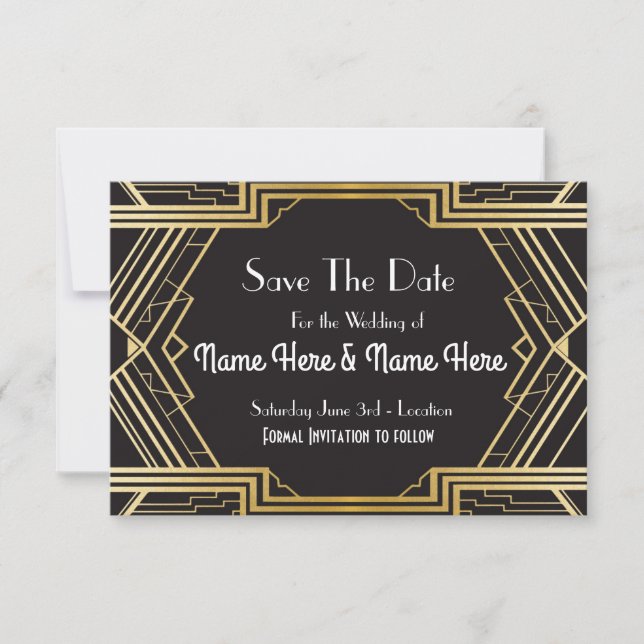 Save The Date Wedding Party Twenties Gold Invites (Front)