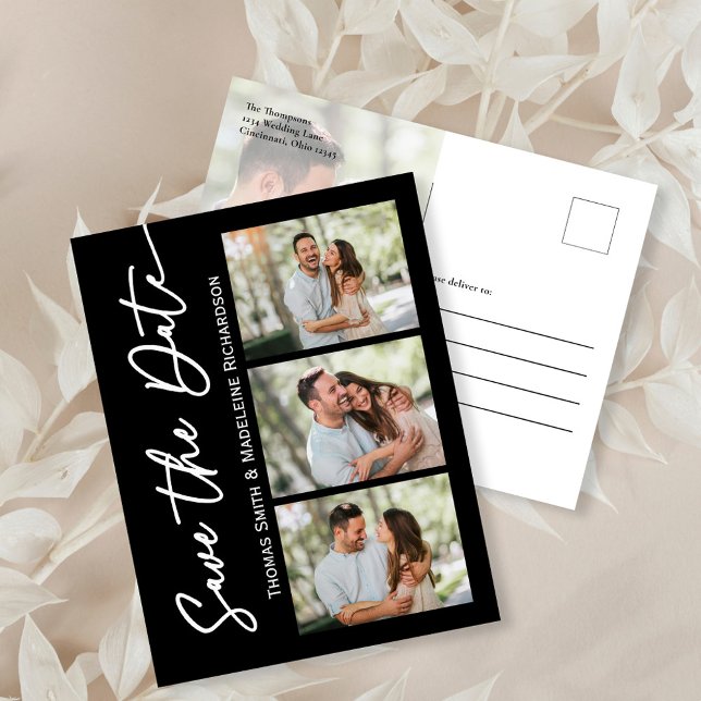 Save the Date Wedding Photo Collage Modern Simple Invitation Postcard (Modern minimalist save the date postcard template with a 4 photo template. )