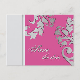 Save the Date Wedding Postcard Fuchsia Pink Silver