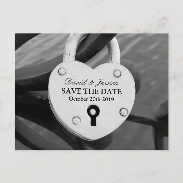 Save the date wedding postcard | Heart love lock (Front)