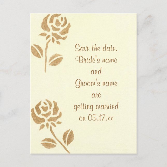 Save the date wedding postcards, gold roses announcement postcard (Front)