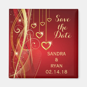 Save the Date Wedding Romantic Red Gold Hearts Magnet