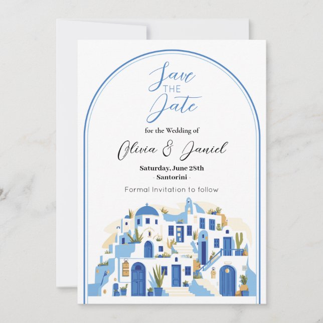 Save The Date wedding Santorini Greece Blue White (Front)