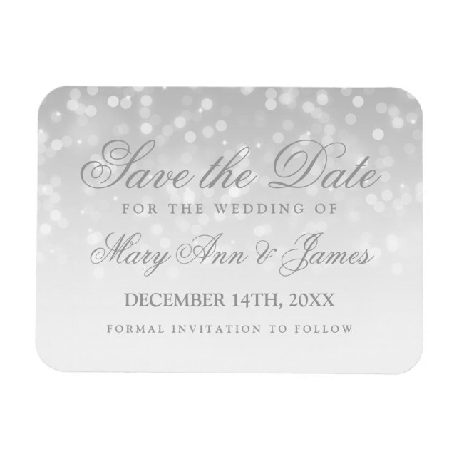 Save The Date Wedding Silver Bokeh Sparkle Lights Magnet (Horizontal)