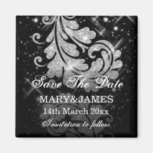 Save The Date Wedding Silver Glitter Floral Swirls Magnet
