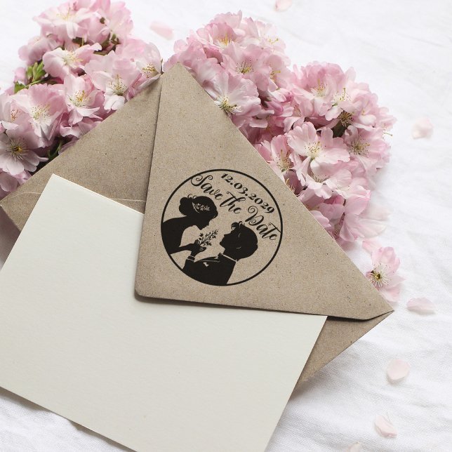 Save the Date Wedding Stamp with Newlywed Couple (save the date stamp with custom date)