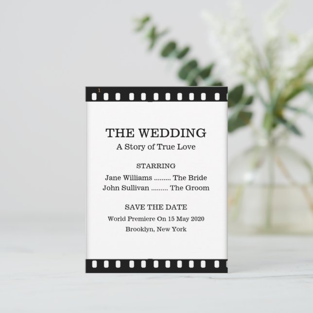 Save The Date Wedding With A Movie Film Theme Announcement Postcard (Standing Front)