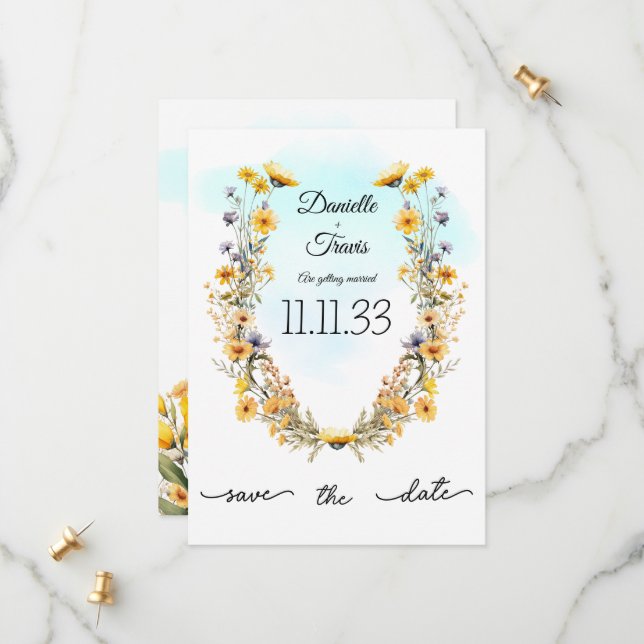 Save the Date Wedding yellow floral theme sky (Front/Back In Situ)
