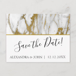 Save the Date White and Gold Elegant Marble Postcard