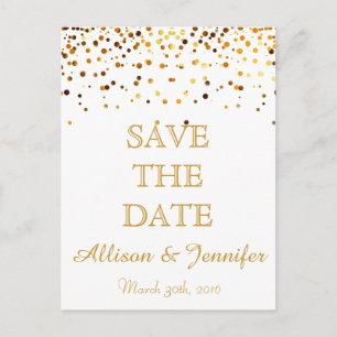 Save the date White and Gold Glitter Faux Foil Announcement Postcard