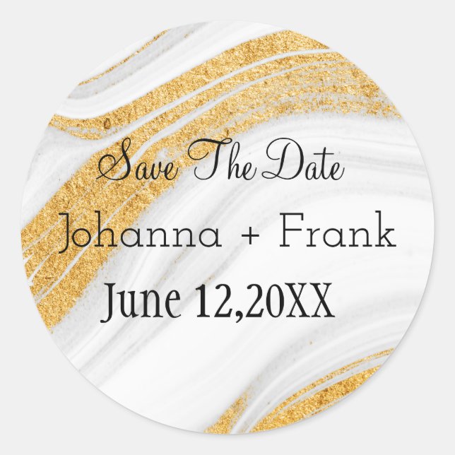 Save The Date| White and Gold Marble Classic Round Sticker (Front)