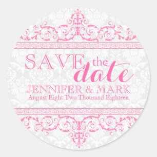 Save The Date White Damasks & Pink lace Classic Round Sticker