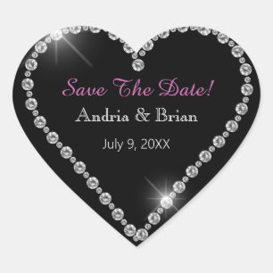 Save The Date, White Diamond Heart, Names, Black Heart Sticker