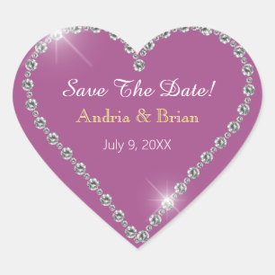 Save The Date, White Diamond Heart, Names Lt Mauve Heart Sticker