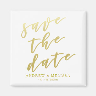 Save the date   White & Faux Gold Script Magnet