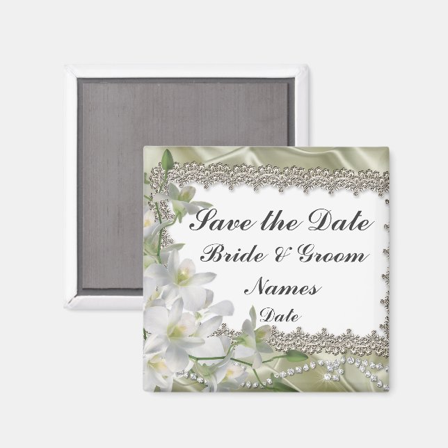 Save the Date White Flower Wedding Magnets (Front/Back)