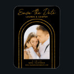Save The Date White Gold Stylish Art Deco Wedding Magnet<br><div class="desc">Save The Date Black Gold Stylish Script Art Deco Wedding Magnets features your favourite photo inside a golden arch on a black background. Personalise with your text by editing the text in the text boxes provided. Designed for you by ©Evco Studio www.zazzle.com/store/evcostudio</div>