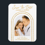 Save The Date White Gold Stylish Art Deco Wedding Magnet<br><div class="desc">Save The Date White Gold Stylish Script Art Deco Wedding Magnet features your favourite photo inside a golden arch on a white background. Personalise with your text by editing the text in the text boxes provided. Designed for you by ©Evco Studio www.zazzle.com/store/evcostudio</div>