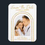 Save The Date White Gold Stylish Art Deco Wedding Magnet<br><div class="desc">Save The Date White Gold Stylish Script Art Deco Wedding Magnets features your favourite photo inside a golden arch on a white background. Personalise with your text by editing the text in the text boxes provided. Designed for you by ©Evco Studio www.zazzle.com/store/evcostudio</div>