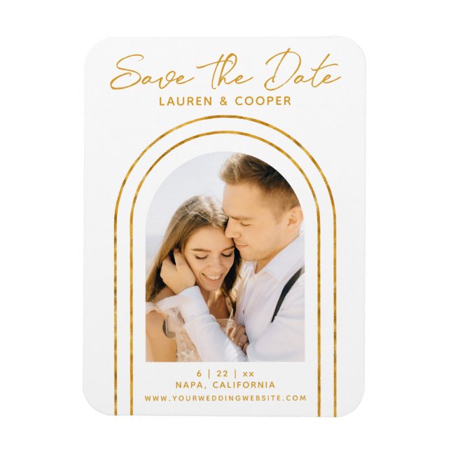 Save The Date White Gold Stylish Art Deco Wedding Magnet (Vertical)