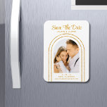 Save The Date White Gold Stylish Art Deco Wedding Magnet<br><div class="desc">Save The Date White Gold Stylish Script Art Deco Wedding Magnets features your favourite photo inside a golden arch on a white background. Personalise with your text by editing the text in the text boxes provided. Designed for you by ©Evco Studio www.zazzle.com/store/evcostudio</div>