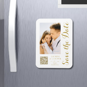 Save The Date White Gold Stylish Modern Wedding Magnet