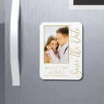 Save The Date White Gold Stylish Modern Wedding Magnet<br><div class="desc">Save The Date White Gold Stylish Script Modern Wedding Magnets features a white background with your custom photo. Personalise with your text by editing the text in the text boxes provided. Designed for you by ©Evco Studio www.zazzle.com/store/evcostudio</div>