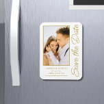 Save The Date White Gold Stylish Modern Wedding Magnet<br><div class="desc">Save The Date White Gold Stylish Script Modern Wedding Cards features a white background with your custom photo. Personalise with your text by editing the text in the text boxes provided. Designed for you by ©Evco Studio www.zazzle.com/store/evcostudio</div>