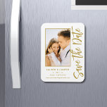Save The Date White Gold Stylish Modern Wedding Magnet<br><div class="desc">Save The Date White Gold Stylish Script Modern Wedding Magnets features a white background with your custom photo. Personalise with your text by editing the text in the text boxes provided. Designed for you by ©Evco Studio www.zazzle.com/store/evcostudio</div>