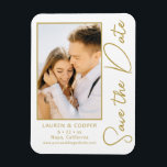 Save The Date White Gold Stylish Modern Wedding Magnet<br><div class="desc">Save The Date White Gold Stylish Script Modern Wedding Cards features a white background with your custom photo. Personalise with your text by editing the text in the text boxes provided. Designed for you by ©Evco Studio www.zazzle.com/store/evcostudio</div>