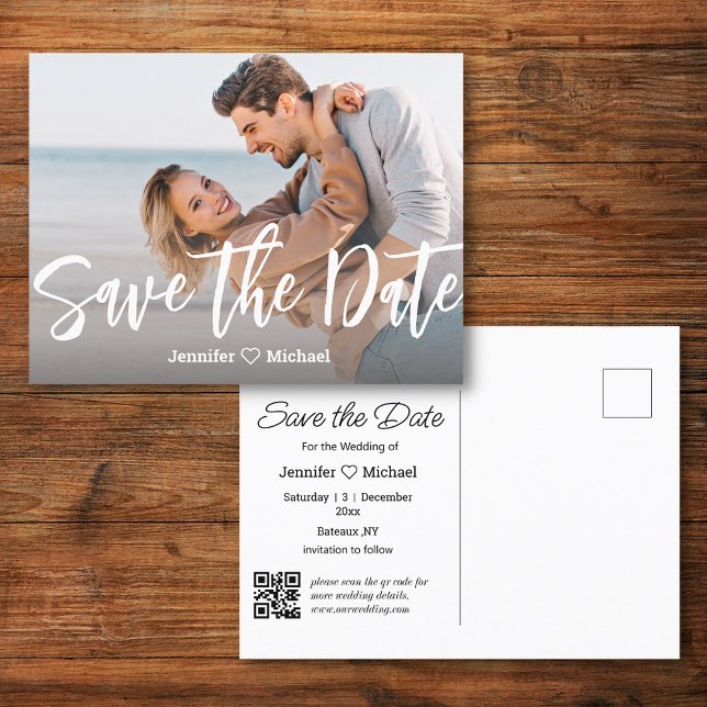 save the date white handwriting qr code photo  announcement postcard (Creator Uploaded)