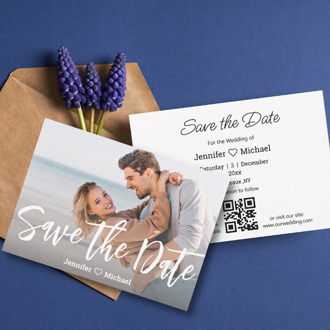 save the date white handwriting qr code photo chic card (Creator Uploaded)