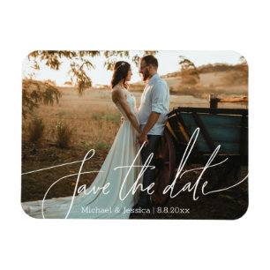  save the date, white handwriting wedding photo magnet