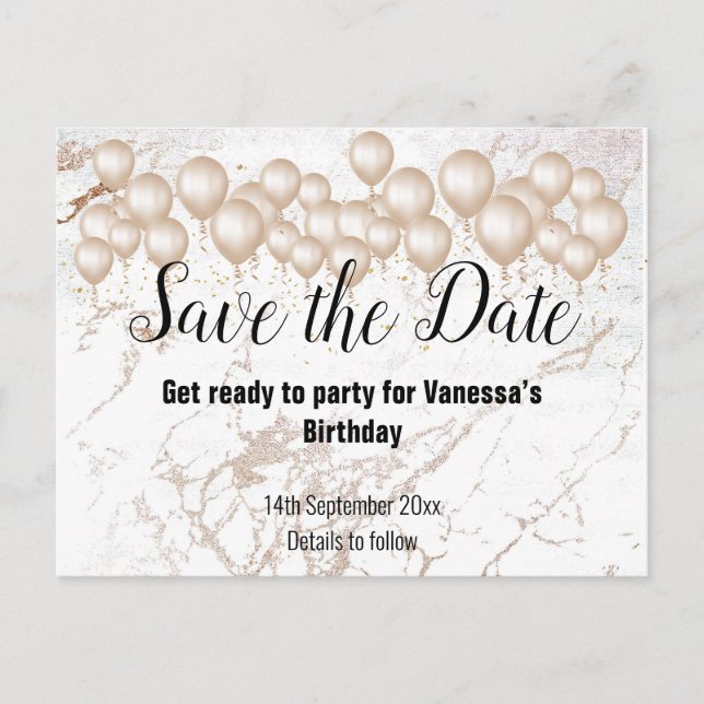 Save the Date White Marble Balloons All Occassion Announcement Postcard (Front)