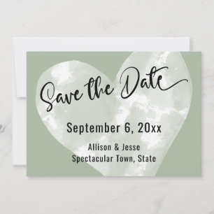 Save the Date White Watercolor Heart on Sage Card