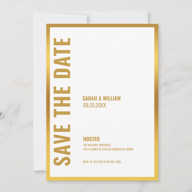 Save the date-White with gold frame Invitation (Front)