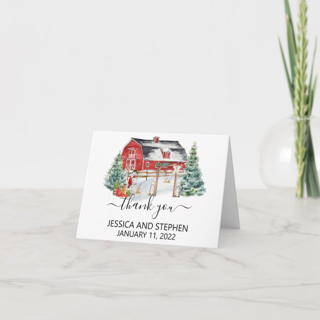 Save the Date Winter Barn Christmas Wedding Thank You Card (Front)