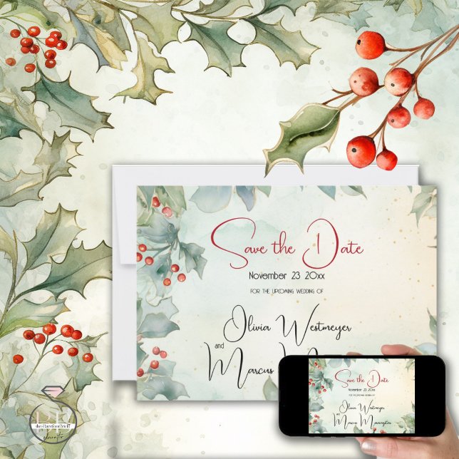 Save the Date | Winter Holly and Berries Invitation (Creator Uploaded)