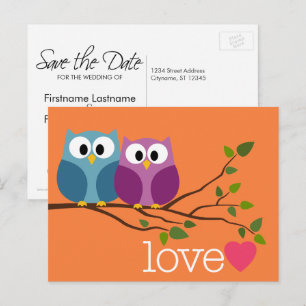 Save the Date with Cute Owl Couple Announcement Postcard