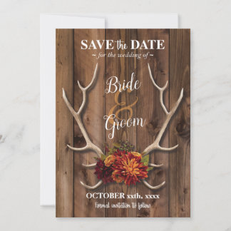 Save the date with rustic antler romantic wedding. invitation