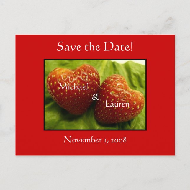 Save the date with strawberry hearts! announcement postcard (Front)