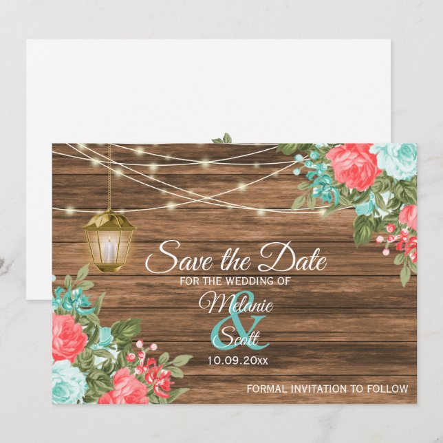 Save The Date -Wood, Lantern & Teal, Coral Floral  Holiday Card (Front/Back)