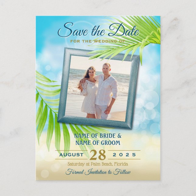 Save the Date Your Photo Beach Wedding Palm Leaves Announcement Postcard (Front)