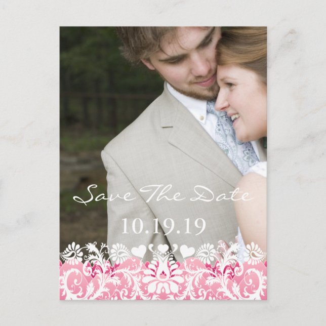 Save The Date Your Photo Pink and White Damask Announcement Postcard (Front)